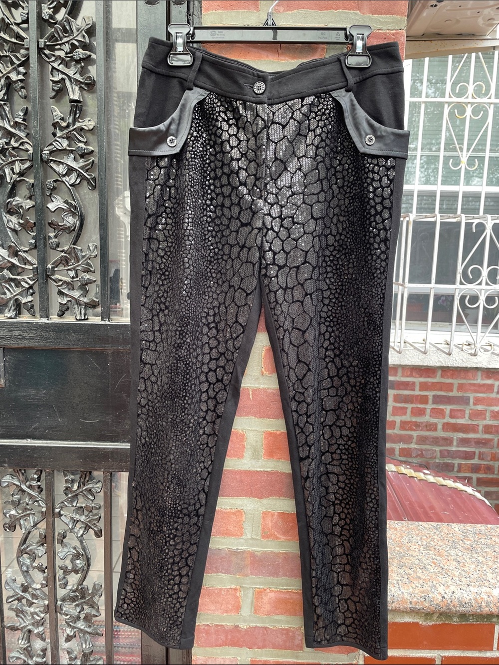 Black Textured Croc-Print Stretch Pants